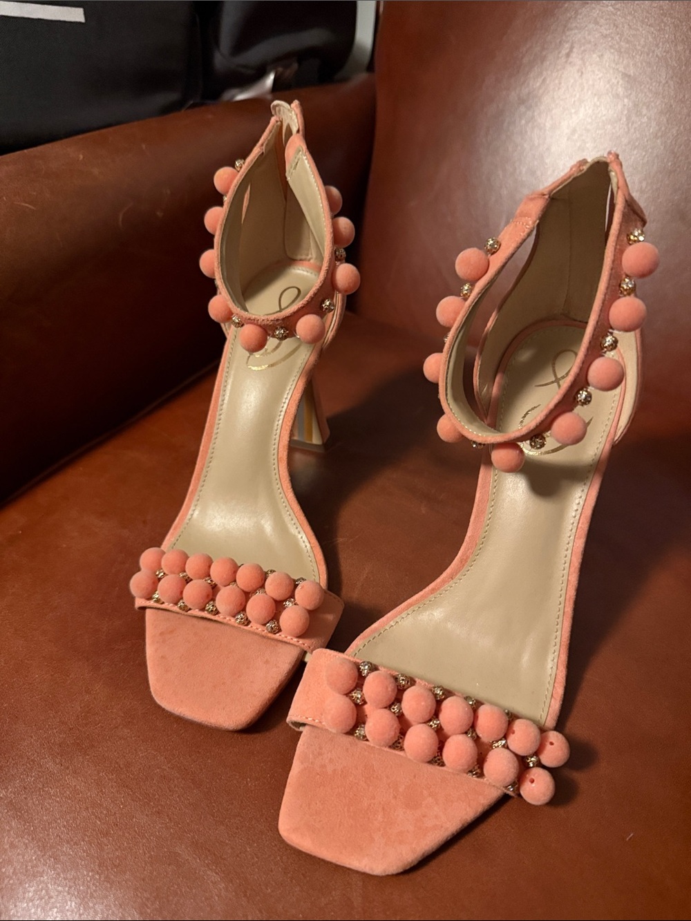Pom-Pom Ankle Strap Heels in Coral Pink